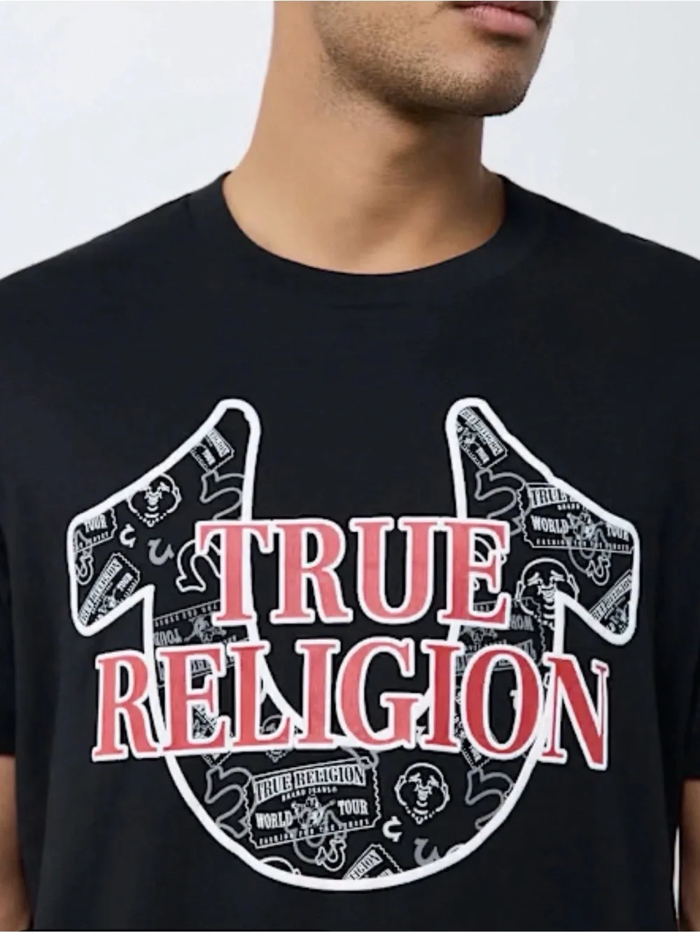 True Religion Black Tee with Red and White Logo Graphic